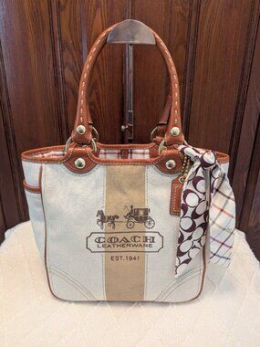 ​Coach 2007 Heritage Stripe Canvas Tattersall Tote Bag #11791 w/ Silk Scarf